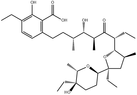 3-Ethyl-6-[(3R,4S,5S,7R)-7-[(2S,3S,5S)-5-ethyl-5-[(2R,5R)-tetrahydro-5-ethyl-5-hydroxy-6α-methyl-2H-pyran-2-yl]tetrahydro-3-methylfuran-2-yl]-4-hydroxy-3,5-dimethyl-6-oxononyl]-2-hydroxybenzoic acid 구조식 이미지