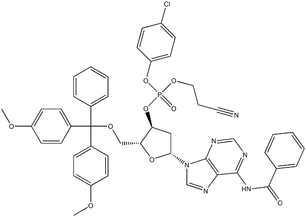 3'-Adenylic acid, N-benzoyl-5'-O-[bis(4-methoxyphenyl)phenylmethyl]-2'-deoxy-, 4-chlorophenyl 2-cyanoethyl ester Structure