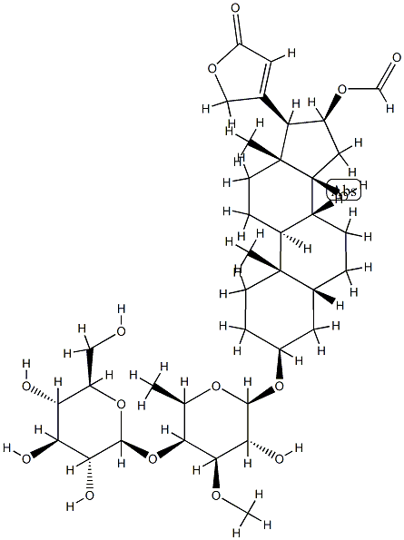 (3beta,5beta,16beta)-3-[(6-deoxy-4-O-beta-D-glucopyranosyl-3-O-methyl-beta-D-galactopyranosyl)oxy]-14,16-dihydroxycard-20(22)-enolide 16-formate Structure