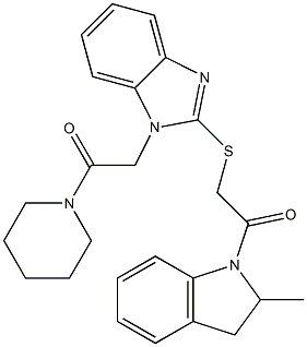 1H-Indole,2,3-dihydro-2-methyl-1-[[[1-[2-oxo-2-(1-piperidinyl)ethyl]-1H-benzimidazol-2-yl]thio]acetyl]-(9CI) Structure