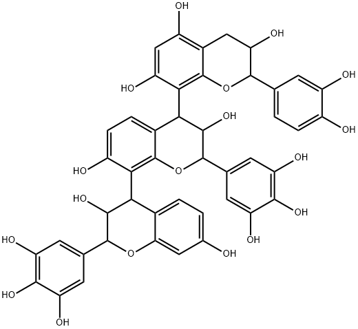 2''-(3,4-Dihydroxyphenyl)-3,3',3'',4,4',4''-hexahydro-2,2'-bis(3,4,5-trihydroxyphenyl)-4,8':4',8''-ter(2H-1-benzopyran)-3,3',3'',5'',7,7',7''-heptol 구조식 이미지