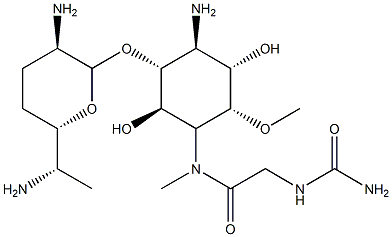 4-Amino-1-[[(carbamoylamino)acetyl]methylamino]-1,4-dideoxy-3-O-(2,6-diamino-2,3,4,6,7-pentadeoxy-β-L-lyxo-heptopyranosyl)-6-O-methyl-L-chiro-inositol 구조식 이미지