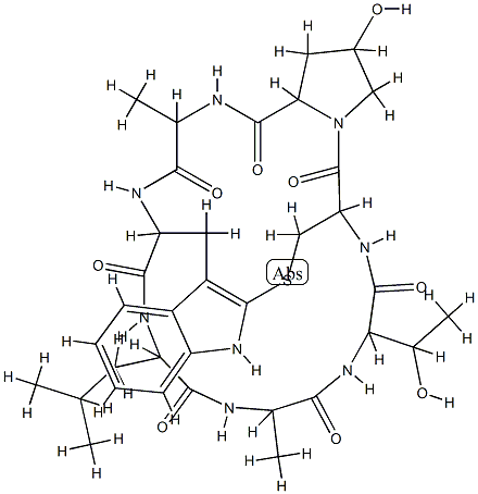 cyclic(L-Alanyl-D-threonyl-L-cysteinyl-cis-4-hydroxy-L-prolyl-L-alanyl-2-mercapto-L-tryptophyl-4-methyl-L-norvalyl) cyclic (3-6)-sulfide Structure