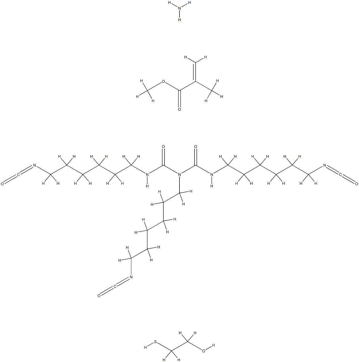 2-Propenoic acid, 2-methyl-, methyl ester, polymer with 2-mercaptoethanol, reaction products with ammonia and N,N',2-tris(6-isocyanatohexyl)imidodicarbonic diamide 구조식 이미지