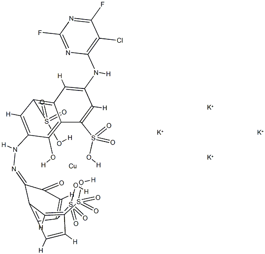 tetrapotassium [7-[(5-chloro-2,6-difluoro-4-pyrimidinyl)amino]-4-hydroxy-3-[(2-hydroxy-4,7-disulpho-1-naphthyl)azo]naphthalene-1,5-disulphonato(6-)]cuprate(4-) 구조식 이미지