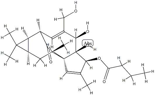 Butyric acid (1aR)-1aα,2β,5,5a,6,9,10,10aα-octahydro-5β,5aβ-dihydroxy-4-hydroxymethyl-1,1,7,9α-tetramethyl-11-oxo-1H-2α,8aα-methanocyclopenta[a]cyclopropa[e]cyclodecen-6β-yl ester 구조식 이미지