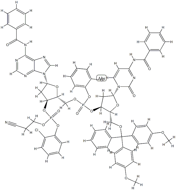 3'-Adenylic acid, 5'-O-[bis(4-methoxyphenyl)phenylmethyl]-N-benzoyl-P-(2-chlorophenyl)-2'-deoxycytidylyl-(3'->5')-N-benzoyl-2'-deoxy-, 2-chlorophenyl 2-cyanoethyl ester Structure