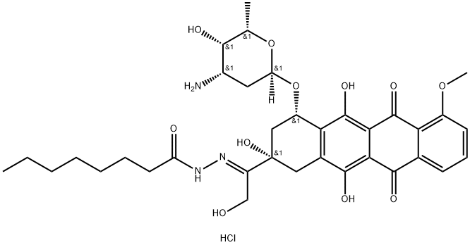 Octanoic acid, [1-[4-[(3-amino-2,3, 6-trideoxy-.alpha.-L-lyxo-hexopyra nosyl)oxy]-1,2,3,4,6, 11-hexahydro-2,5,12-trihydroxy-7-methoxy-6, 11-d ioxo-2-naphthacenyl]-2-hydroxyethylidene]hydrazide, monohydrochloride Structure