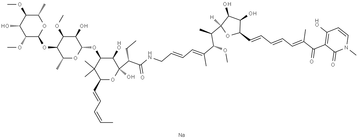 31-O-[6-deoxy-4-O-(6-deoxy-2,4-di-O-methylhexopyranosyl)-3-O-methylhexopyranosyl]-1-methylmocimycin, monosodium salt 구조식 이미지