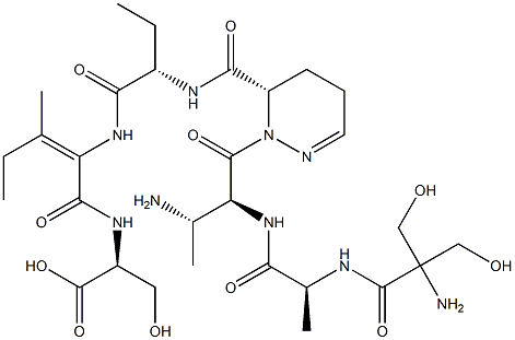 N-[(E)-2-[[[(6S)-1-[(3S)-N-(2-Hydroxymethyl Ser-L-Ala-)-3-amino-L-Abu-]-1,4,5,6-tetrahydropyridazin-6-yl]carbonyl-L-Abu-]amino]-3-methyl-2-pentenoyl]-L-Ser-OH 구조식 이미지