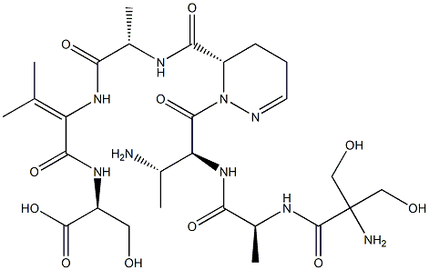 N-[2-[N-[[[(6S)-1-[(3S)-(2-Hydroxymethyl Ser-L-Ala-)-3-amino-3-methyl-L-Ala-]-1,4,5,6-tetrahydropyridazin]-6-yl]carbonyl]-L-Ala-amino]-3-methyl-2-butenoyl]-L-Ser-OH 구조식 이미지