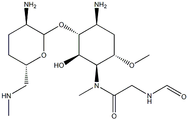 4-Amino-3-O-[2-amino-2,3,4,6-tetradeoxy-6-(methylamino)-α-D-erythro-hexopyranosyl]-1,4,5-trideoxy-1-[[(formylamino)acetyl]methylamino]-6-O-methyl-L-chiro-inositol Structure