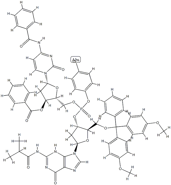 N-benzoyl-3'-O-benzoyl-P-(4-chlorophenyl)-2'-deoxycytidylyl-(5'->3')-5'-O-[bis(4-methoxyphenyl)phenylmethyl]-2'-deoxy-N-(2-methyl-1-oxopropyl)guanosine Structure