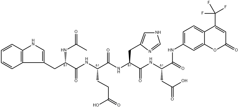 N-Acetyl-L-tryptophyl-L-α-glutamyl-L-histidyl-N-[2-oxo-4-(trifluoromethyl)-2H-1-benzopyran-7-yl]-L-α-asparagine 구조식 이미지