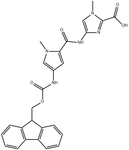 Fmoc-PyIm-COOH,4-[[[4-[(9- fluorenylmethoxycarbonyl)amino]-1- methylpyrrol-2-yl]carbonyl]amino]-1- methylimidazole-2-carboxylic acid Structure
