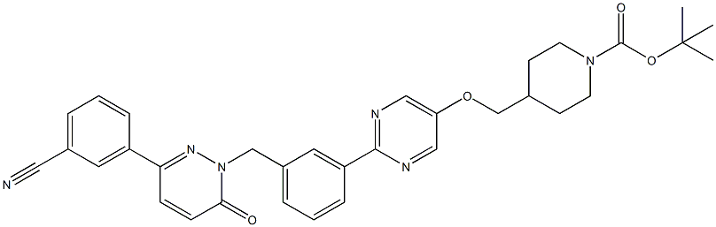 tert-butyl 4-(((2-(3-((3-(3-cyanophenyl)-6-oxopyridazin-1(6H)-yl)methyl)phenyl)pyrimidin-5-yl)oxy)methyl)piperidine-1-carboxylate Structure