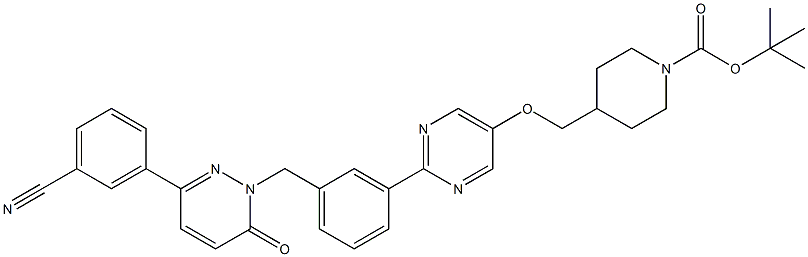 tert-butyl 4-(((2-(3-((3-(3-cyanophenyl)-6-oxopyridazin-1(6H)-yl)methyl)phenyl)pyrimidin-5-yl)oxy)methyl)piperidine-1-carboxylate 구조식 이미지