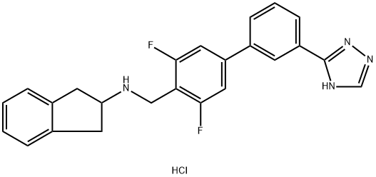 N-{[3,5-difluoro-3'-(1H-1,2,4-triazol-5-yl)-[1,1'-biphenyl]-4-yl]methyl}-2,3-dihydro-1H-inden-2-amine hydrochloride Structure