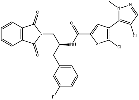 5-chloro-4-(4-chloro-1-methyl-1H-pyrazol-5-yl)-N-{(1S)-2-(1,3-dioxo-1,3-dihydro-2H-isoindol-2-yl)-1-[(3-fluorophenyl)methyl]ethyl}-2-thiophenecarboxamide 구조식 이미지