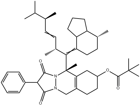 2,2-Dimethyl-propionic acid 5S-methyl-5-[7R-methyl-1-(1R,4R,5-trimethyl-hex-2-enyl)-octahydro-inden-4-ylidenemethyl]-
1,3-dioxo-2-phenyl-2,3,5,6,7,8,9,10-octahydro-1H-pyrazolo[1,2-b]phthalazin-7S-ylester Structure