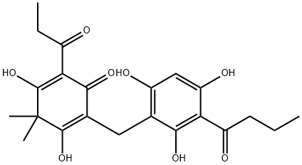 6-Propionyl-4,4-dimethyl-3,5-dihydroxy-2-(2,4,6-trihydroxy-3-butyrylbenzyl)-2,5-cyclohexadien-1-one Structure