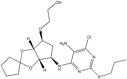 2-((3aS,4R,6S,6aR)-4-(5-amino-6-chloro-2-(propylthio)-pyrimidin-4-ylamino)tetrahydro-3aH-spiro[cyclopenta[d][1,3]dioxole-2,1'-cyclopentane]-6-yloxy)ethanol 구조식 이미지