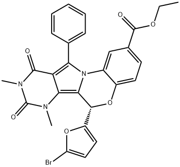 (S)-Ethyl 6-(5-bromofuran-2-yl)-7,9-dimethyl-8,10-dioxo-11-phenyl-7,8,9,10-tetrahydro-6H-benzo[b]pyrimido[4',5':3,4]pyrrolo[1,2-d][1,4]oxazine-2-carboxylate Structure