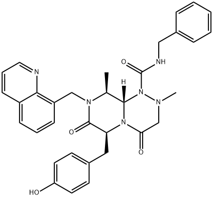(6S,9S,9aS)-N-benzyl-6-(4-hydroxybenzyl)-2,9-dimethyl- 4,7-dioxo-8-(quinolin-8-ylmethyl)hexahydro-2H- pyrazino[2,1-c][1,2,4]triazine-1(6H)-carboxamide 구조식 이미지
