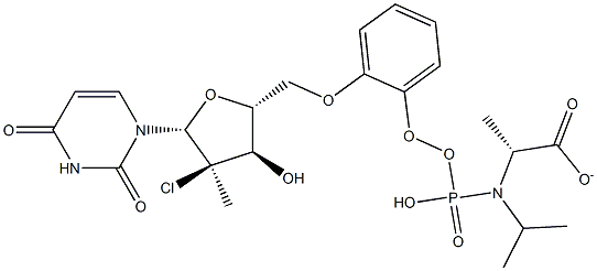 isopropyl((R)-(((2R,3R,4R,5R)-4-chloro-5-(2,4-dioxo-3,4-dihydropyrimidin-1(2H)-yl)-3-hydroxy-4-methyltetrahydrofuran-2-yl)methoxy)(phenoxy)phosphoryl)-D-alaninate Structure