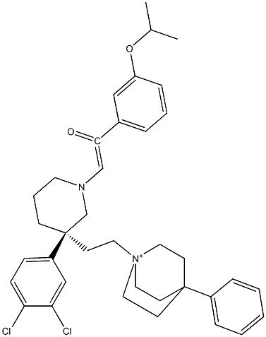 1-[(3S)-3-(3,4-dichlorophenyl)-3-[2-(4-phenyl-1-azoniabicyclo[2.2.2]octan-1-yl)ethyl]piperidin-1-yl]-2-(3-propan-2-yloxyphenyl)ethenone Structure