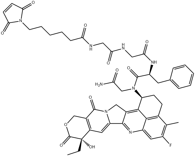 Glycinamide, N-[6-(2,5-dihydro-2,5-dioxo-1H-pyrrol-1-yl)-1-oxohexyl]glycylglycyl-L-phenylalanyl-N-[(1S,9S)-9-ethyl-5-fluoro-2,3,9,10,13,15-hexahydro-9-hydroxy-4-methyl-10,13-dioxo-1H,12H-benzo[de]pyrano[3',4':6,7]indolizino[1,2-b]quinolin-1-yl]- 구조식 이미지