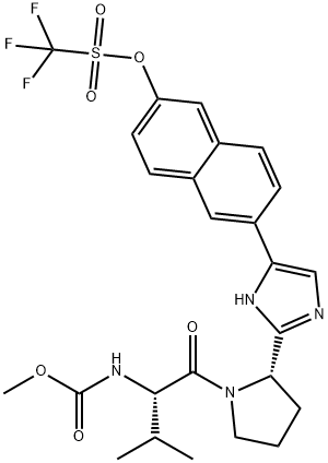 6-(2-((S)-1-((S)-2-(methoxycarbonylamino)-3-methylbutanoyl)-2-pyrrolidinyl)-5-1H-imidazolyl)-2 -naphthyltrifluoromethanesulfonate Structure