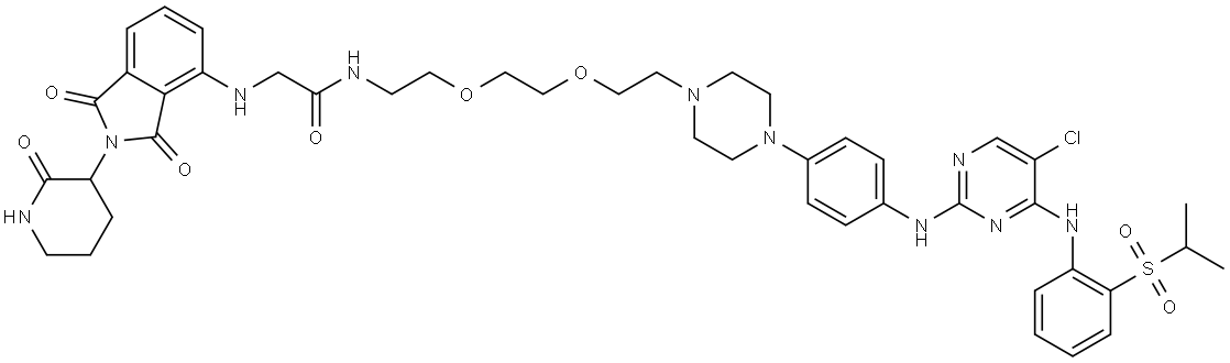 N-(2-(2-(2-(4-(4-((5-Chloro-4-((2-(isopropylsulfonyl)phenyl)amino)pyrimidin-2-yl)amino)phenyl)piperazin-1-yl)ethoxy)ethoxy)ethyl)-2-((1,3-dioxo-2-(2-oxopiperidin-3-yl)isoindolin-4-yl)amino)acetamide 구조식 이미지