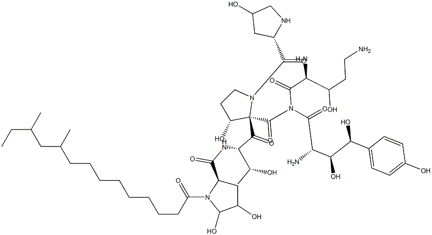 L-Prolinamide, (4R)-1-(10,12-dimethyl-1-oxotetradecyl)-4,5-dihydroxy-D-prolyl-L-threonyl-(4R)-4-hydroxy-L-prolyl-(4S)-4-hydroxy-4-(4-hydroxyphenyl)-L-threonyl-(3R)-3-hydroxy-L-ornithyl-3-hydroxy-, (3S)- Structure