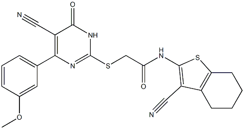 2-{[5-cyano-4-(3-methoxyphenyl)-6-oxo-1,6-dihydro-2-pyrimidinyl]sulfanyl}-N-(3-cyano-4,5,6,7-tetrahydro-1-benzothien-2-yl)acetamide Structure