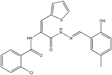 2-chloro-N-[1-{[2-(2-hydroxy-5-methylbenzylidene)hydrazino]carbonyl}-2-(2-thienyl)vinyl]benzamide 구조식 이미지