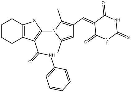 2-{3-[(4,6-dioxo-2-thioxotetrahydro-5(2H)-pyrimidinylidene)methyl]-2,5-dimethyl-1H-pyrrol-1-yl}-N-phenyl-4,5,6,7-tetrahydro-1-benzothiophene-3-carboxamide Structure