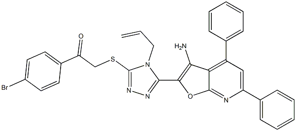 2-{[4-allyl-5-(3-amino-4,6-diphenylfuro[2,3-b]pyridin-2-yl)-4H-1,2,4-triazol-3-yl]sulfanyl}-1-(4-bromophenyl)ethanone 구조식 이미지