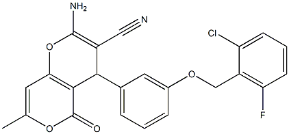 2-amino-4-{3-[(2-chloro-6-fluorobenzyl)oxy]phenyl}-7-methyl-5-oxo-4H,5H-pyrano[4,3-b]pyran-3-carbonitrile 구조식 이미지