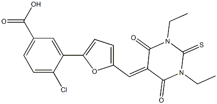4-chloro-3-{5-[(1,3-diethyl-4,6-dioxo-2-thioxotetrahydro-5(2H)-pyrimidinylidene)methyl]-2-furyl}benzoic acid Structure