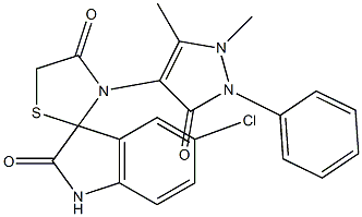 3'-(1,5-dimethyl-3-oxo-2-phenyl-2,3-dihydro-1H-pyrazol-4-yl)-5-chloro-1,3-dihydro-spiro[2H-indole-3,2'-[1,3]-thiazolidine]-2,4'-dione 구조식 이미지