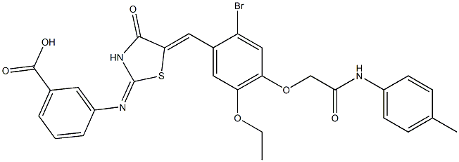 3-[(5-{2-bromo-5-ethoxy-4-[2-oxo-2-(4-toluidino)ethoxy]benzylidene}-4-oxo-1,3-thiazolidin-2-ylidene)amino]benzoic acid 구조식 이미지