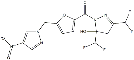 3,5-bis(difluoromethyl)-1-[5-({4-nitro-1H-pyrazol-1-yl}methyl)-2-furoyl]-4,5-dihydro-1H-pyrazol-5-ol Structure