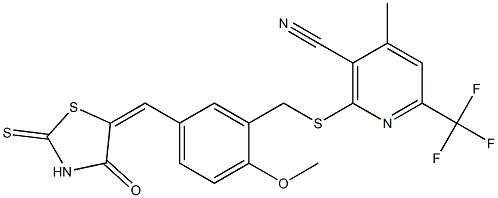 2-({2-methoxy-5-[(4-oxo-2-thioxo-1,3-thiazolidin-5-ylidene)methyl]benzyl}sulfanyl)-4-methyl-6-(trifluoromethyl)nicotinonitrile 구조식 이미지