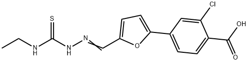 2-Chloro-4-[5-[[2-[(ethylamino)thioxomethyl]hydrazinylidene]methyl]-2-furanyl]benzoic acid 구조식 이미지