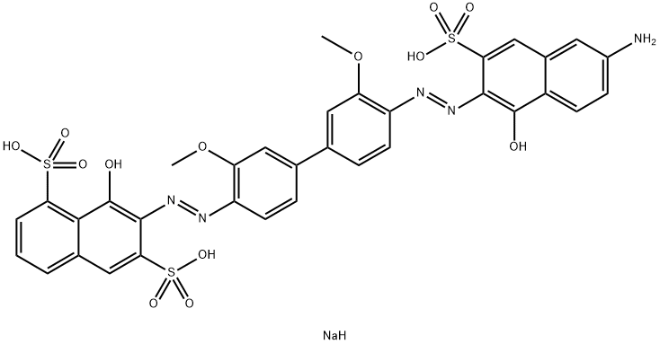 1,6-Naphthalenedisulfonic acid, 7-[[4'-[(6-amino-1-hydroxy-3-sulfo-2-naphthalenyl)azo]-3,3'-dimethoxy[1,1'-biphenyl]-4-yl]azo]-8-hydroxy-, trisodium salt 구조식 이미지