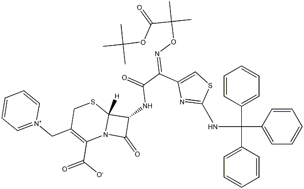 (6R,7R)-7-[((2Z)-2-[({2-[(1,1-dimethylethyl)oxy]-1,1-dimethyl-2-oxoethyl}oxy)imino]-2-{2-[(triphenylmethyl)amino]-1,3-thiazol-4-yl}acetyl)amino]-8-oxo-3-(1-pyridiniumylmethyl)-5-thia-1-azabicyclo[4.2.0]oct-2-ene-2-carboxylate Structure