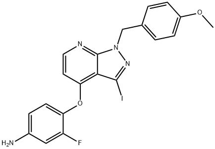3-fluoro-4-(3-iodo-1-(4-methoxybenzyl)-1H-pyrazolo[3,4-b]pyridin-4-yloxy)aniline 구조식 이미지