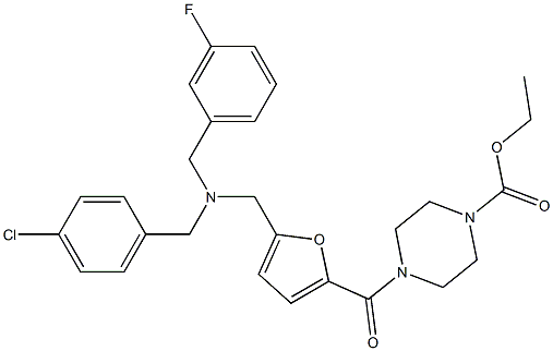 ethyl 4-[5-[[(4-chlorophenyl)methyl-[(3-fluorophenyl)methyl]amino]methyl]furan-2-carbonyl]piperazine-1-carboxylate Structure
