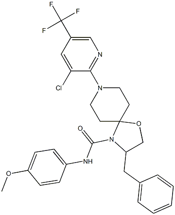 3-benzyl-8-[3-chloro-5-(trifluoromethyl)-2-pyridinyl]-N-(4-methoxyphenyl)-1-oxa-4,8-diazaspiro[4.5]decane-4-carboxamide 구조식 이미지